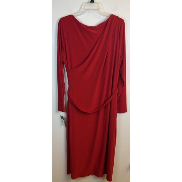 LAUREN RALPH LAUREN Connie Red Buckle Faux Wrap Midi Dress 16 Jersey Holiday - Picture 5 of 16